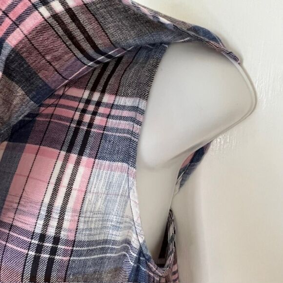 ANTHRO CLOTH & STONE PINK & BLUE PLAID ONE SHOULDER LINEN BLEND TOP SIZE LARGE - Picture 7 of 11